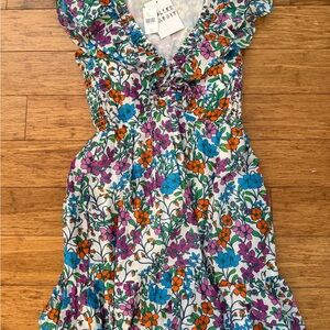Roller Rabbit Floral Ruffle Mini Dress in White, Blue, Purple, Orange